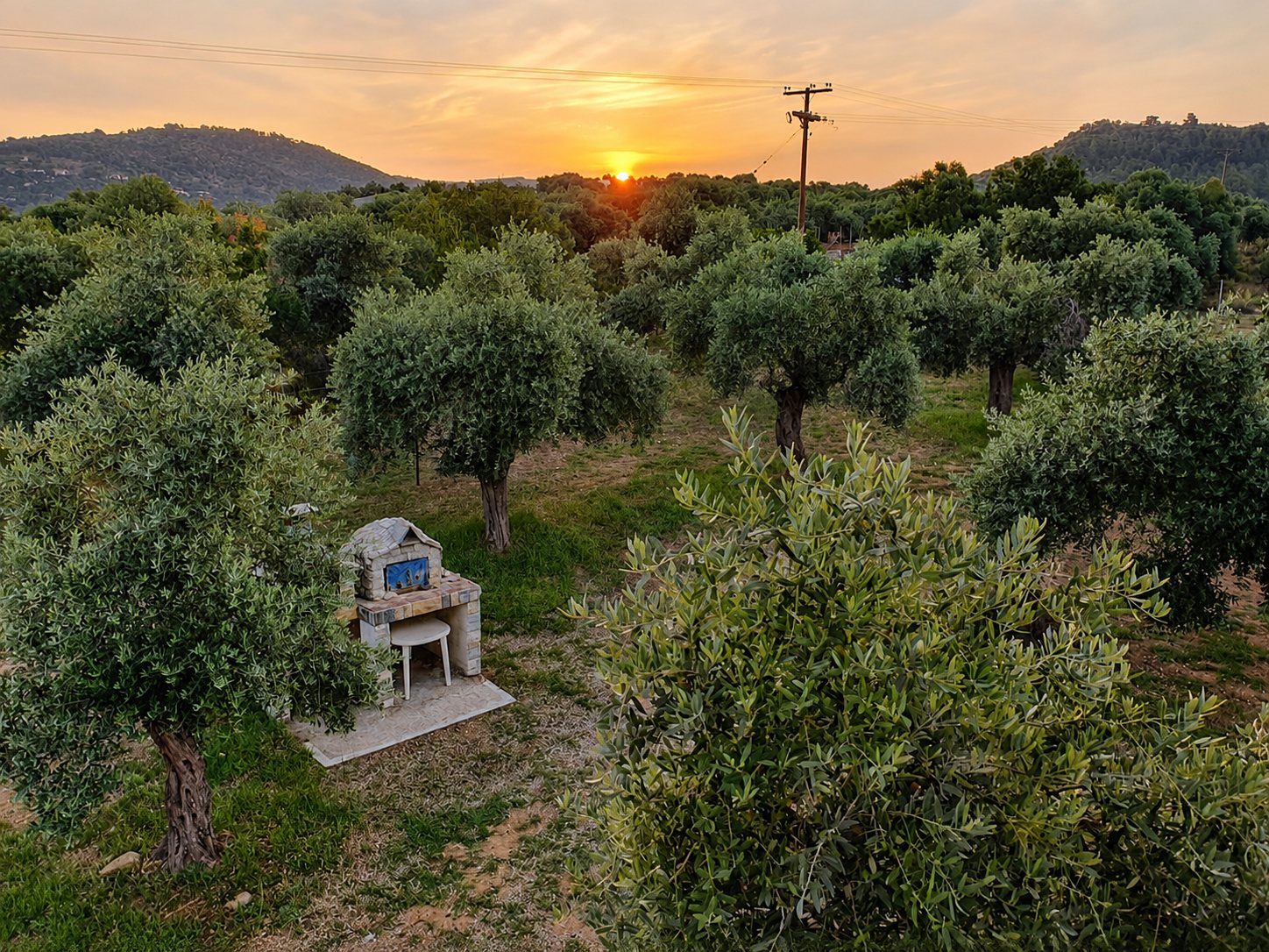 Sunset over the olive garden and the stone barbecue